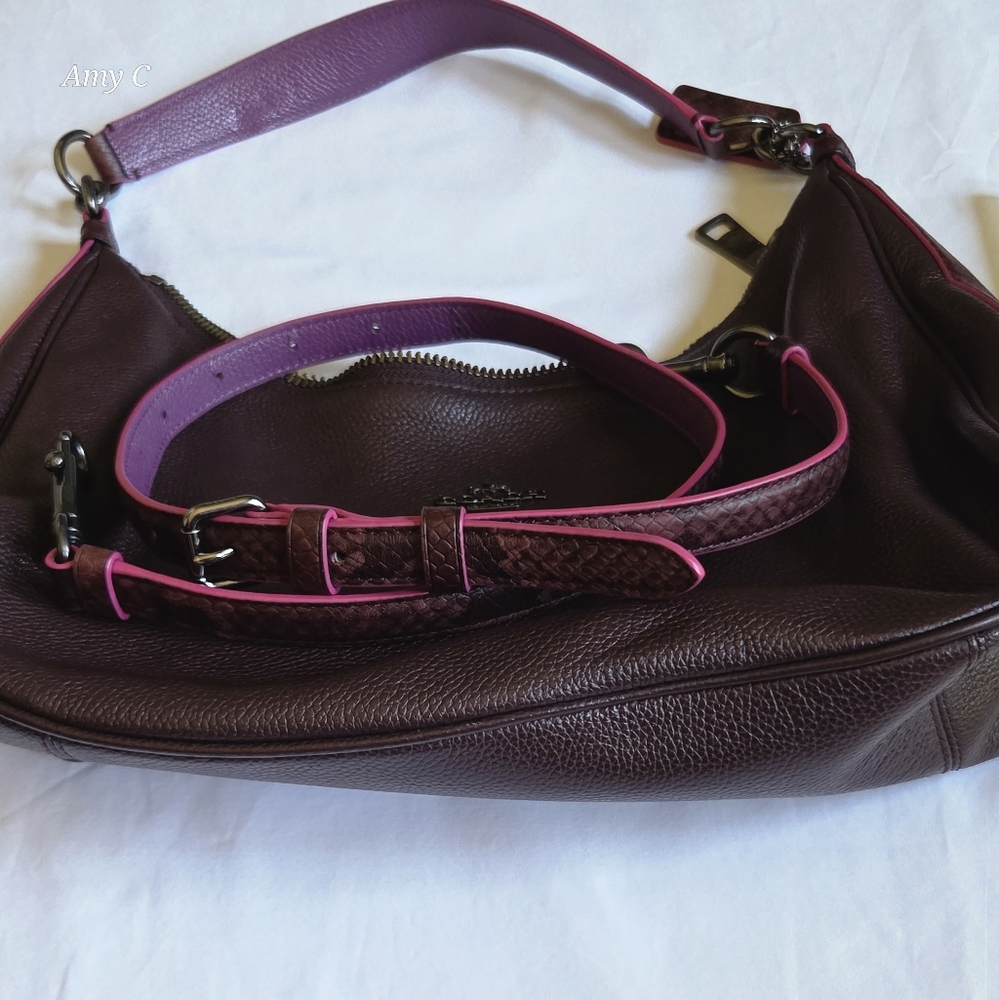 Coach Dark Purple Leather Hobo With Pink Piping & Snakeskin Look Is A Head Turer - Picture 6 of 10